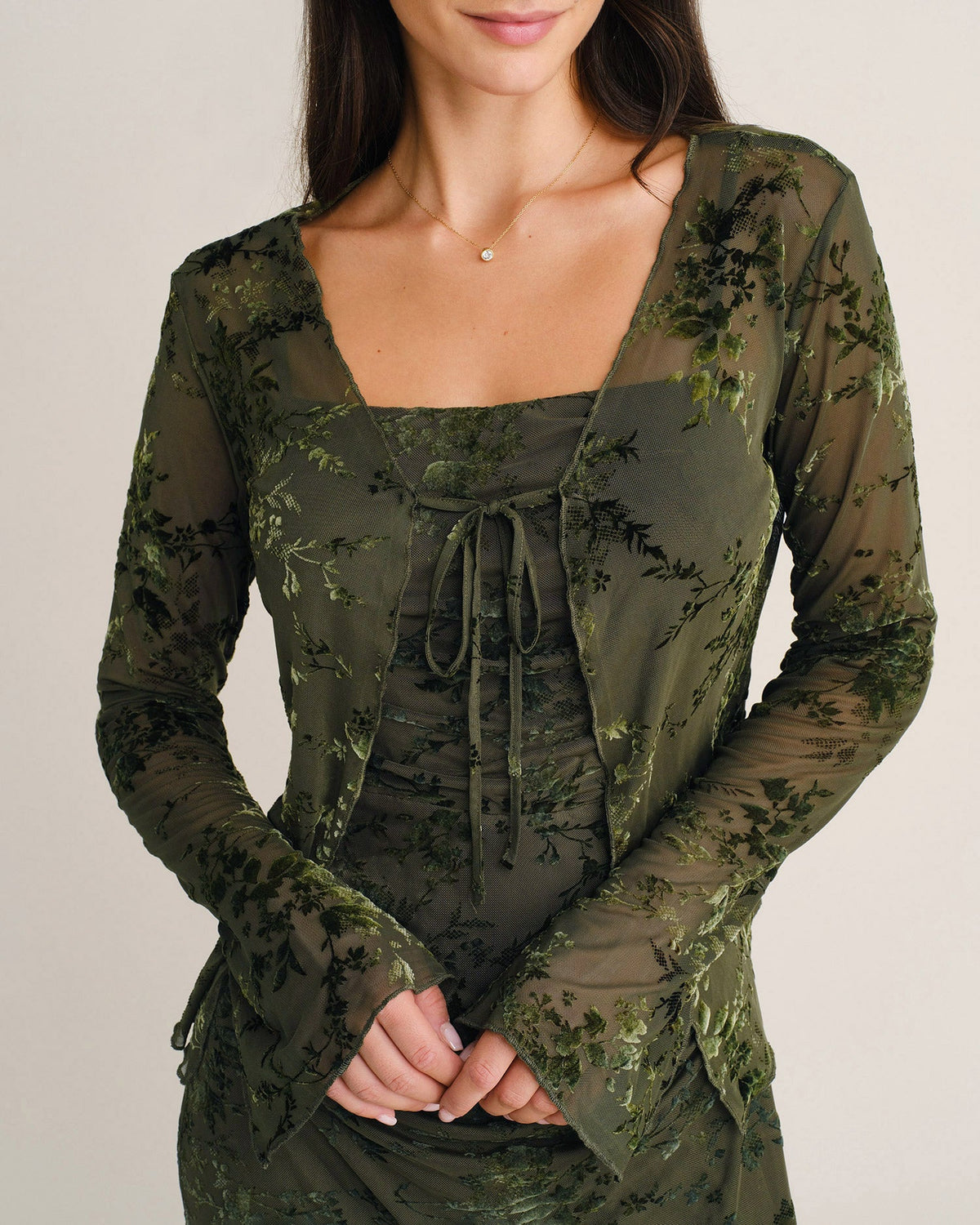 Green Bell Sleeve Tie Floral Blouse