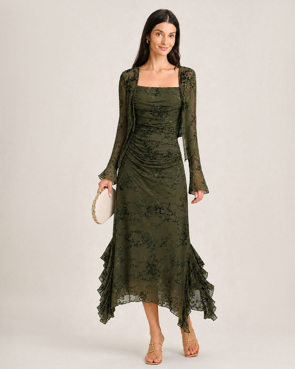 Green Bell Sleeve Tie Floral Blouse