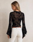 Black Floral Ruffle Bell Sleeve Blouse