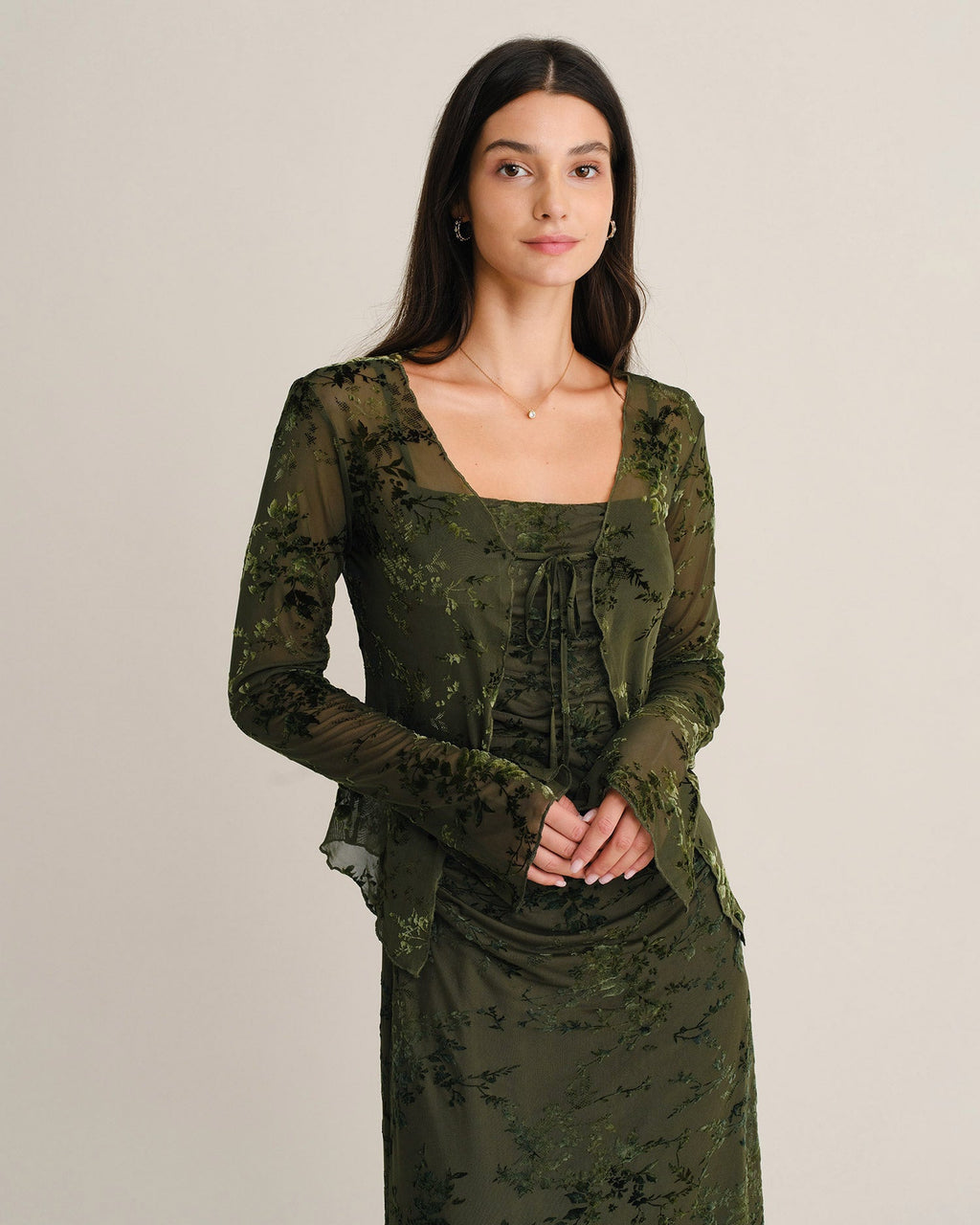 Green Bell Sleeve Tie Floral Blouse