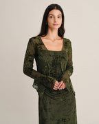 Green Bell Sleeve Tie Floral Blouse