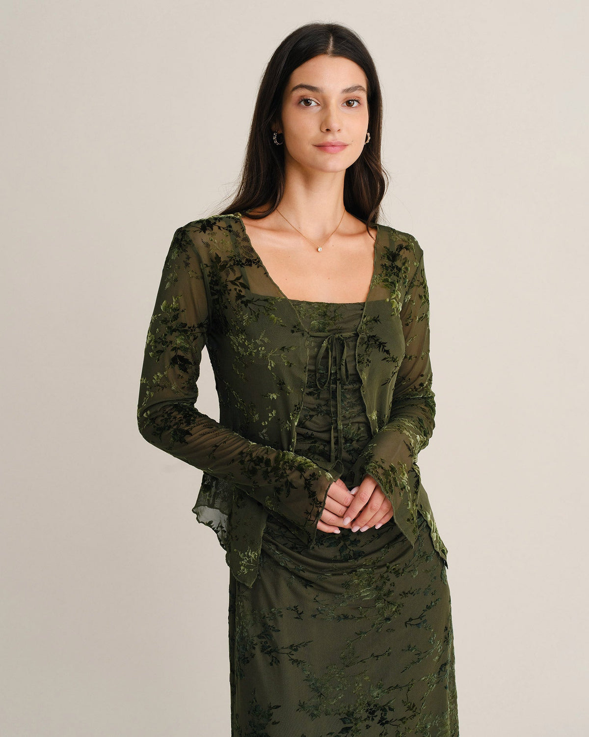 Green Bell Sleeve Tie Floral Blouse