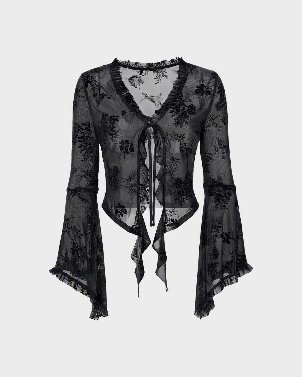 Black Floral Ruffle Bell Sleeve Blouse