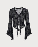Black Floral Ruffle Bell Sleeve Blouse