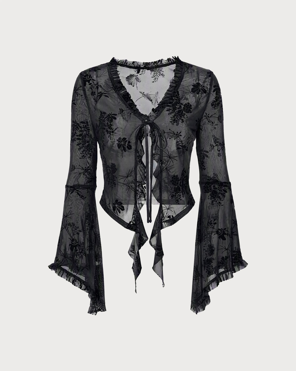 Black Floral Ruffle Bell Sleeve Blouse