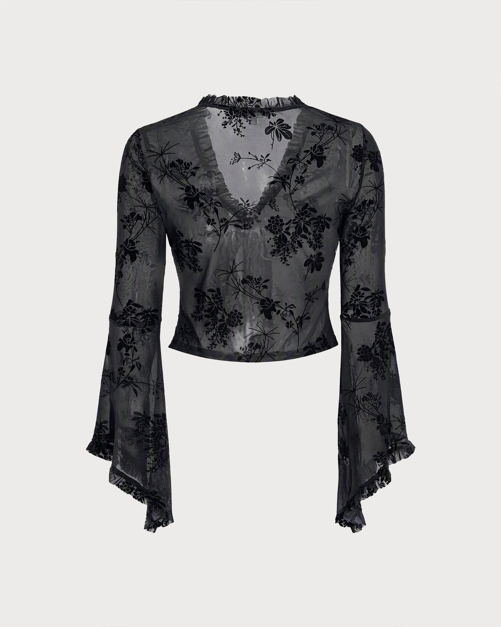 Black Floral Ruffle Bell Sleeve Blouse
