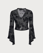 Black Floral Ruffle Bell Sleeve Blouse