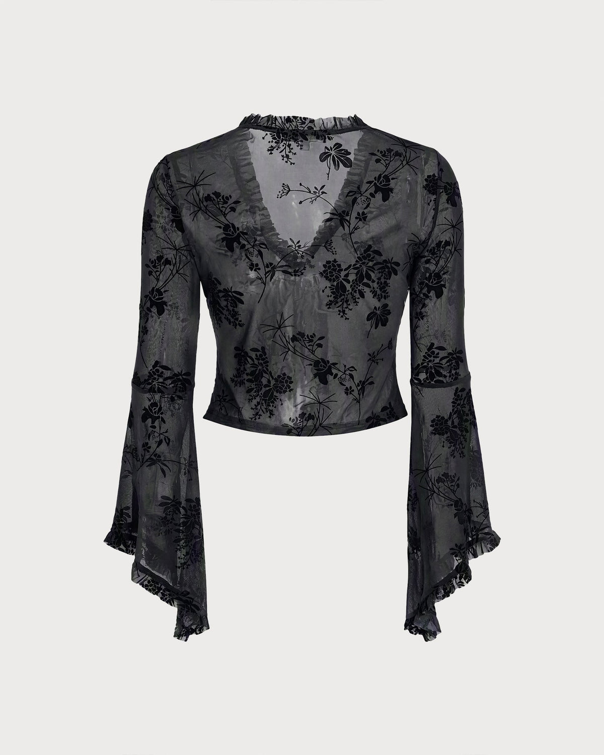Black Floral Ruffle Bell Sleeve Blouse