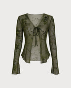 Green Bell Sleeve Tie Floral Blouse