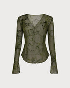 Green Bell Sleeve Tie Floral Blouse