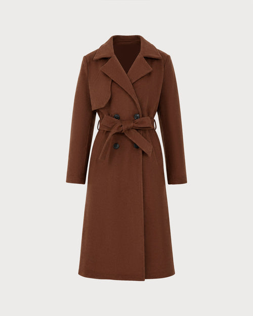 Brown Belt Pockets Button Coat