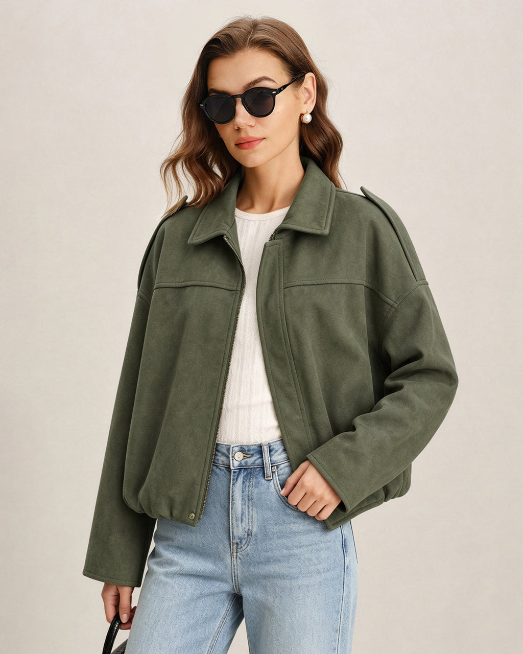 Green Batwing Sleeve Zipper Jacket