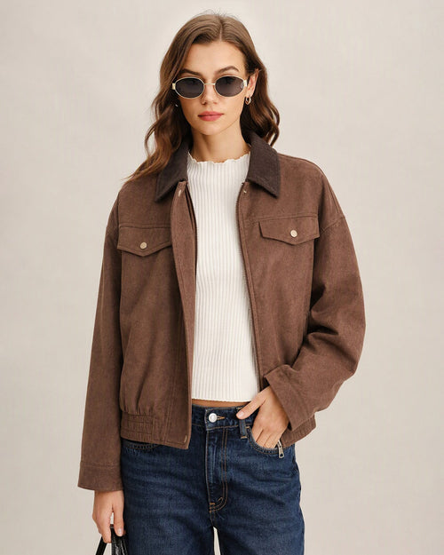 Brown Solid Zipper Button Jacket