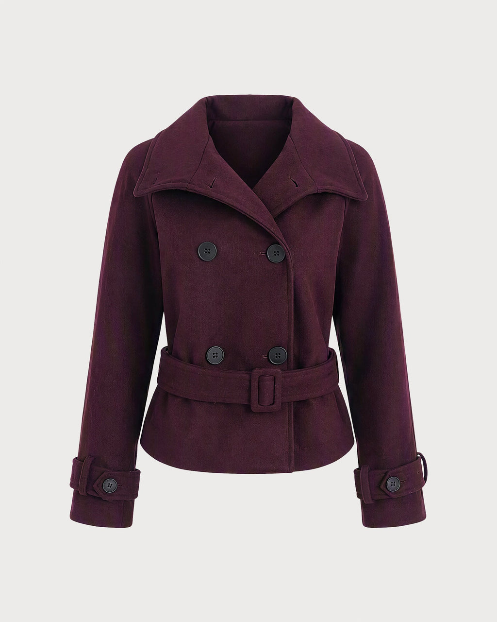 Wine Red Button Pockets Belt Coat