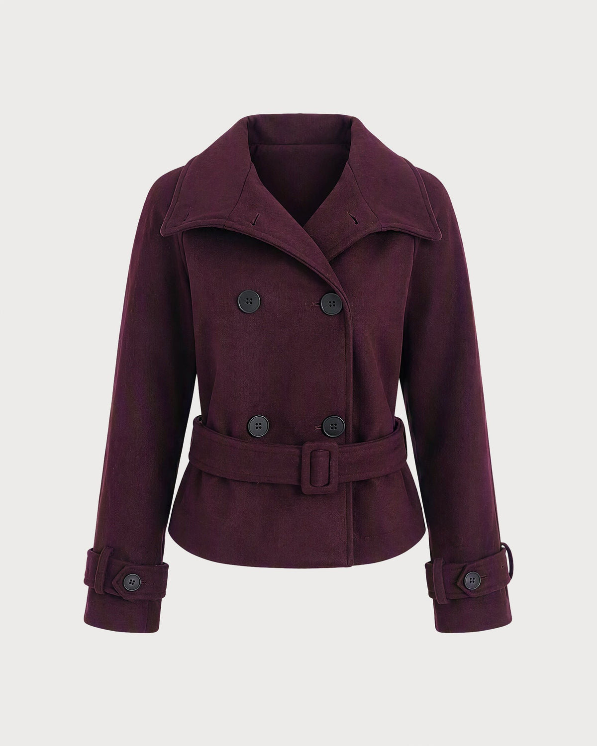 Wine Red Button Pockets Belt Coat