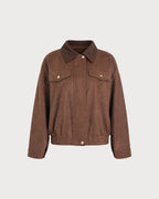Brown Solid Zipper Button Jacket
