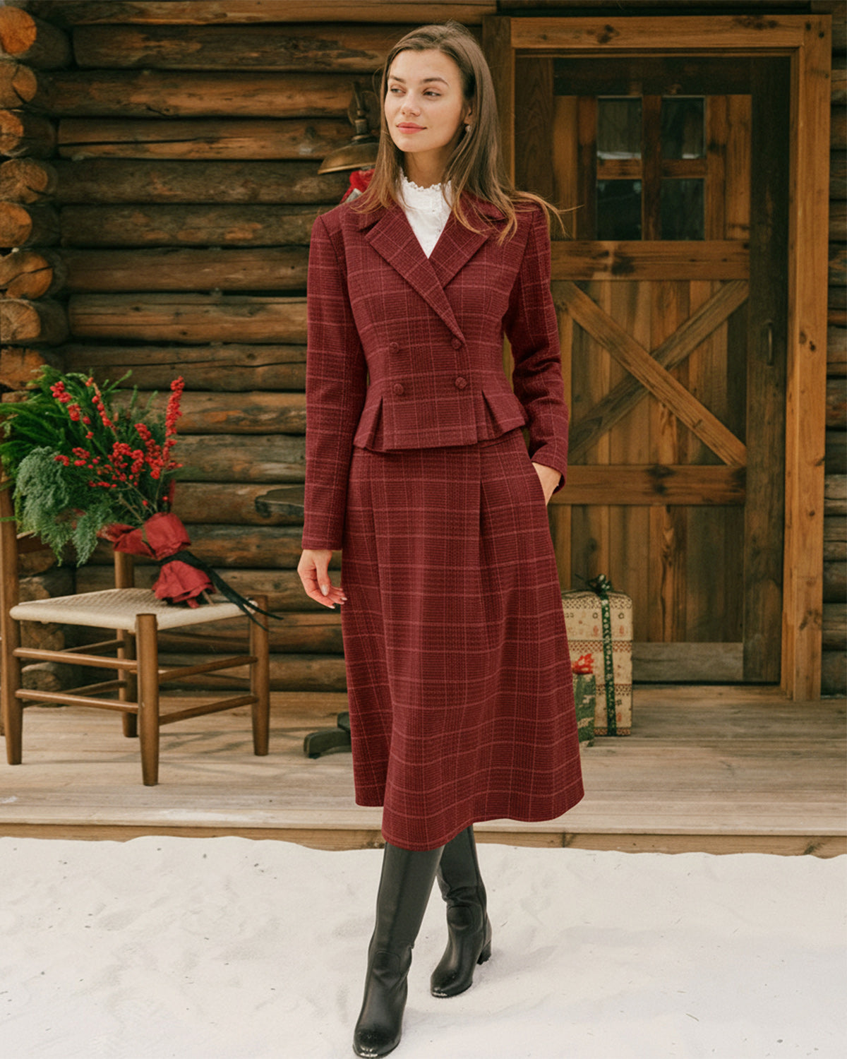 Red Plaid Double Breasted Jacket
