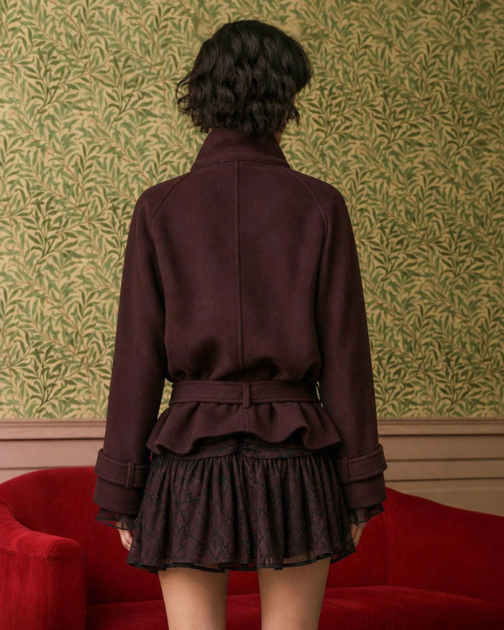 Wine Red Button Pockets Belt Coat