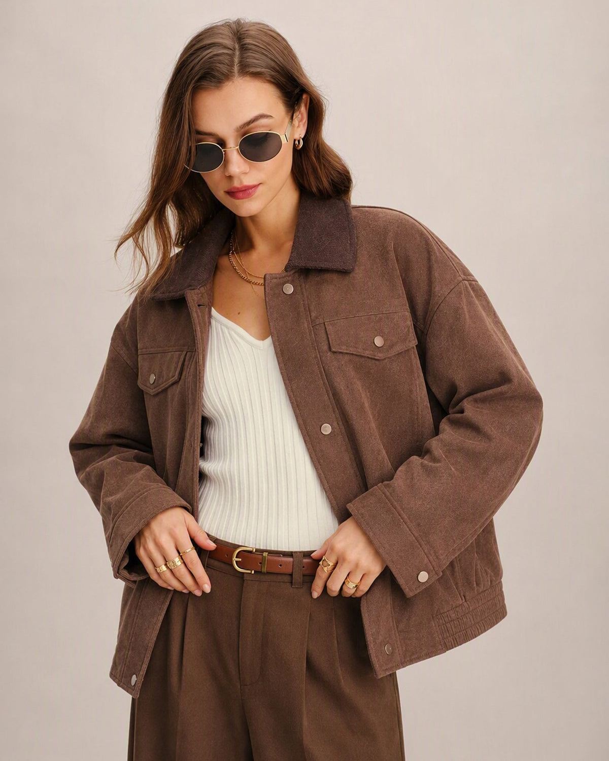 Brown Solid Zipper Button Jacket