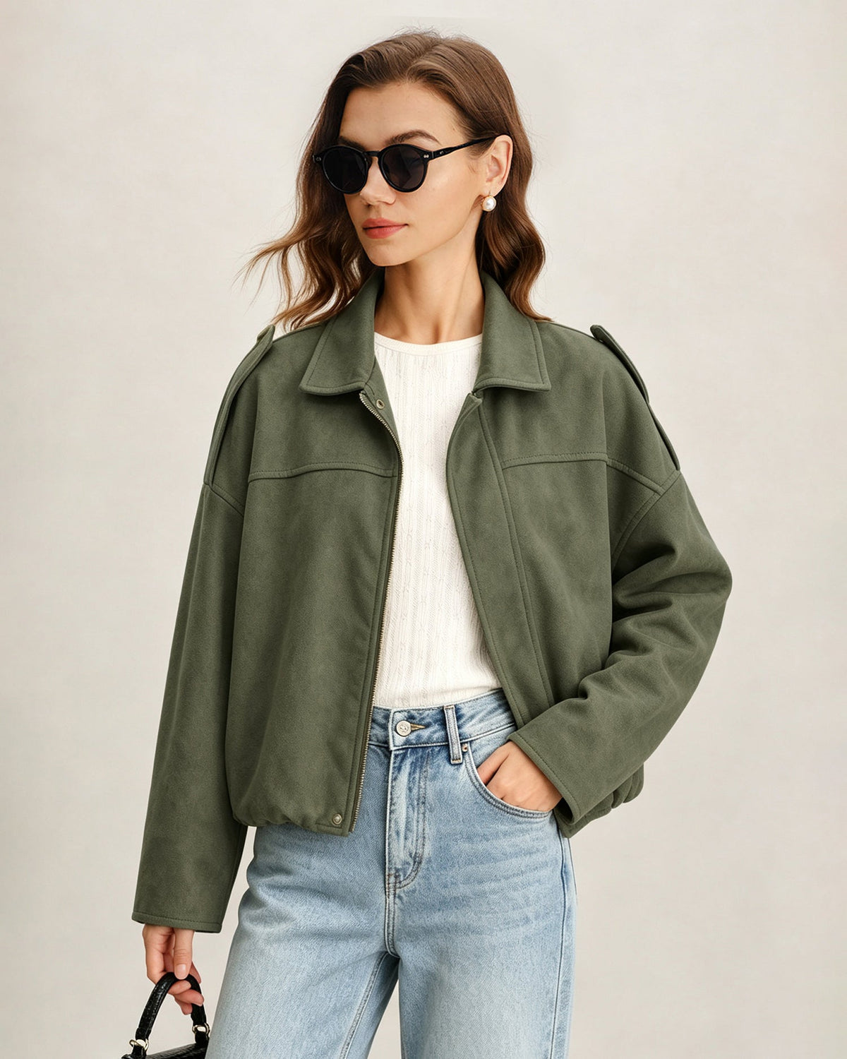 Green Batwing Sleeve Zipper Jacket