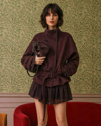 Wine Red Button Pockets Belt Coat