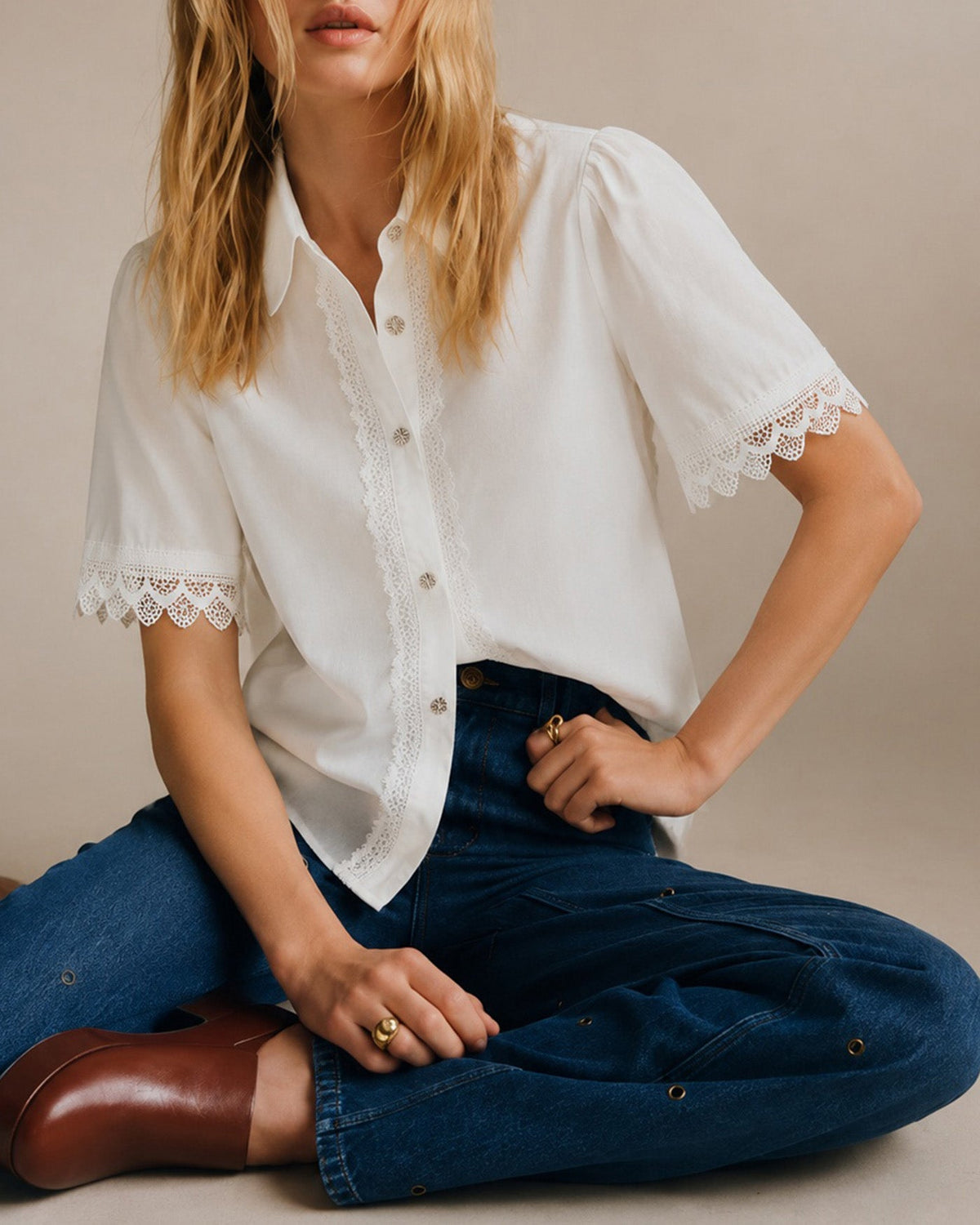 White Collar Short Sleeve Button Shirt