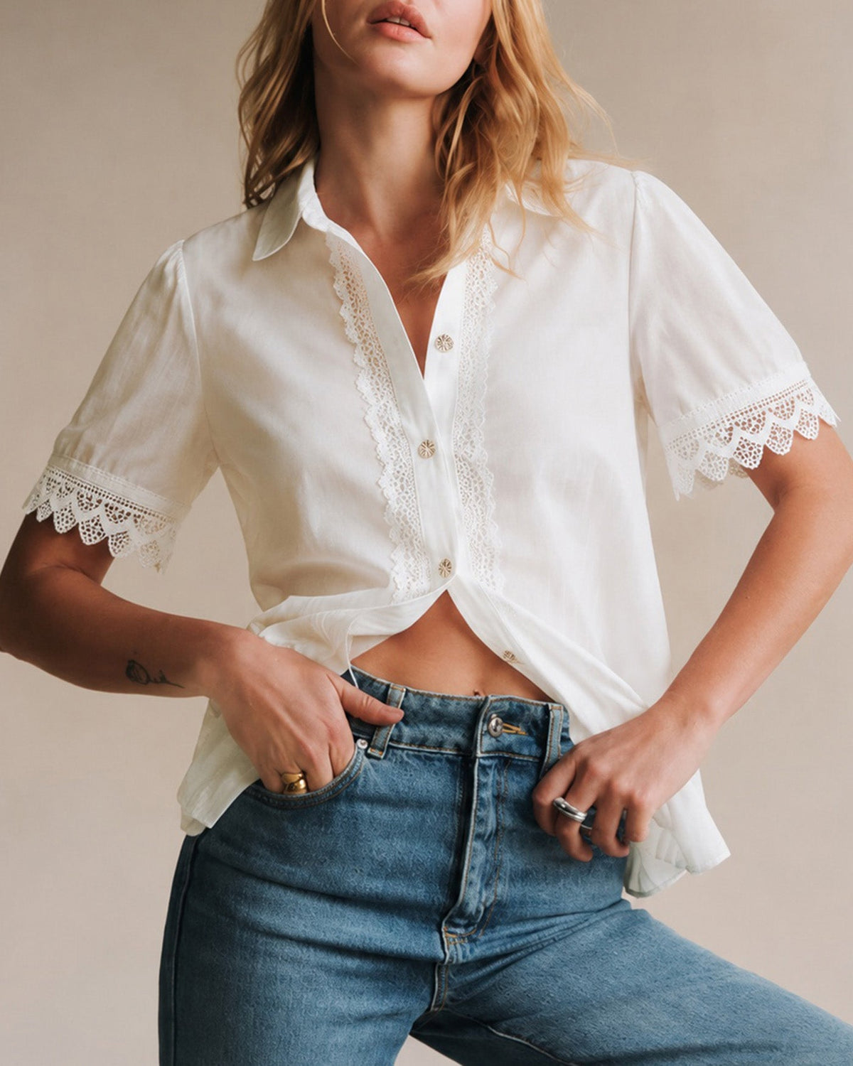 White Collar Short Sleeve Button Shirt