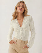 Apricot V Neck Lace Button Shirts