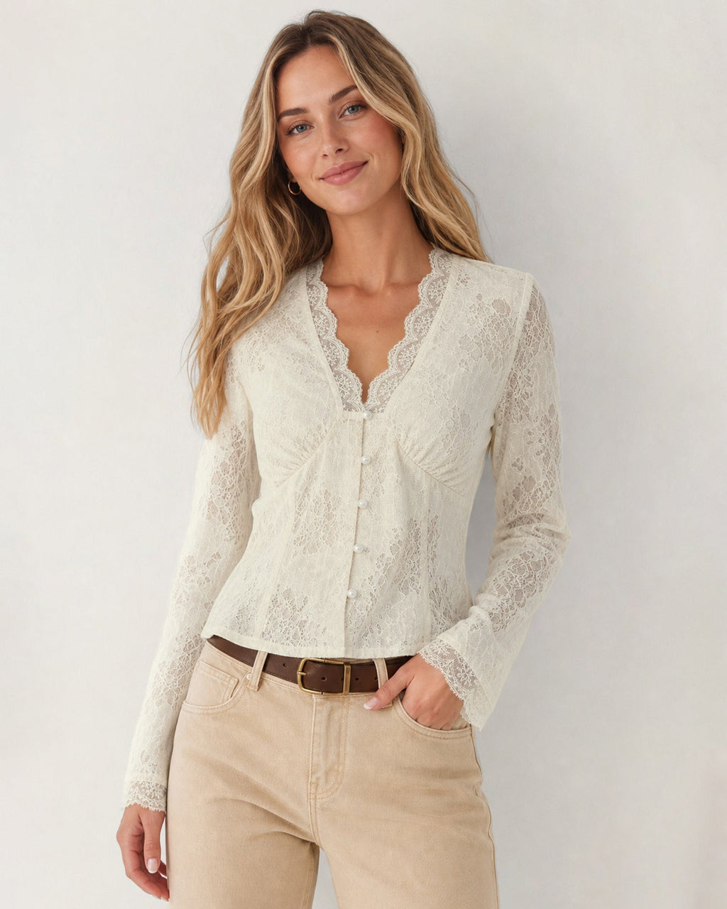 Apricot V Neck Lace Button Shirts