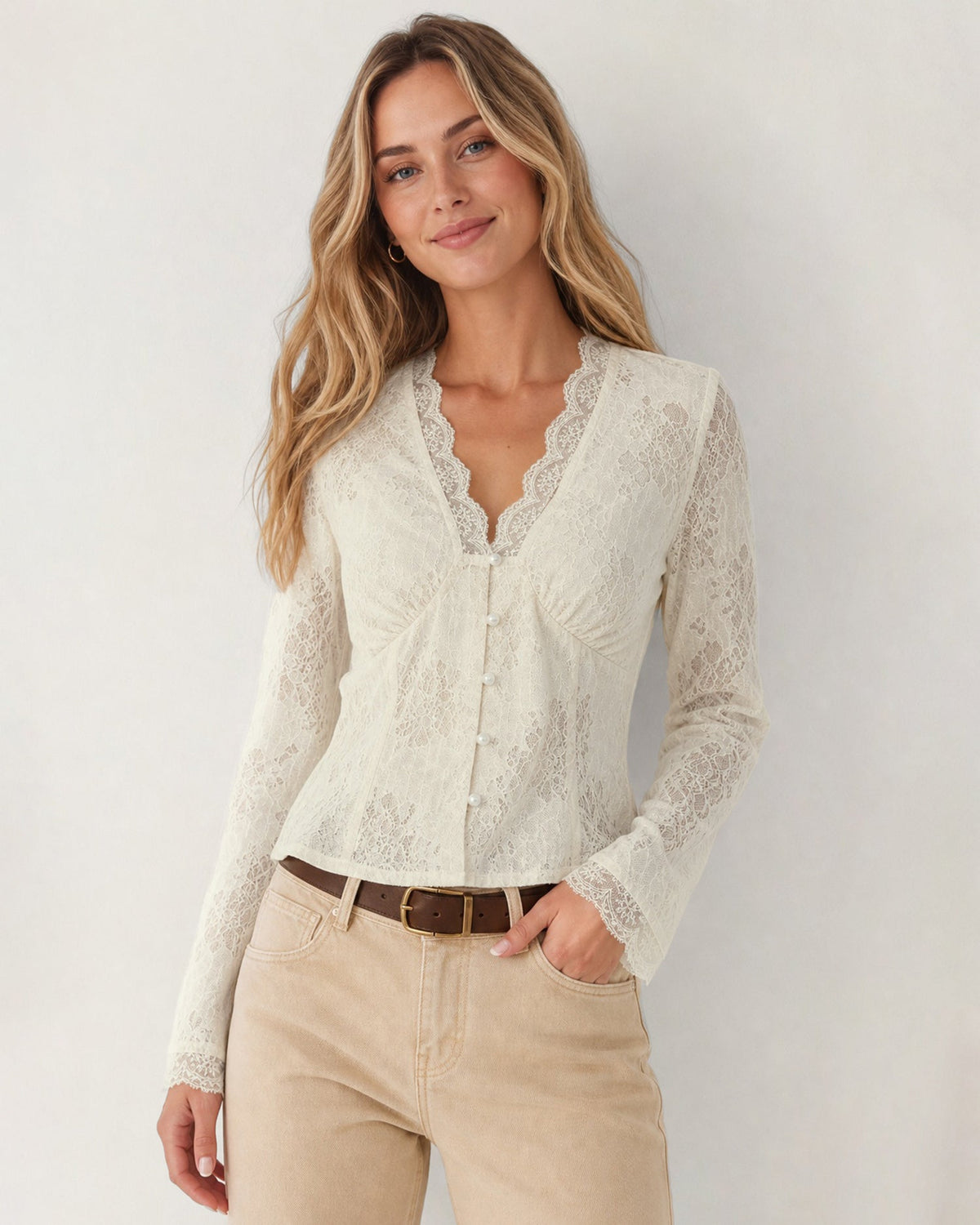 Apricot V Neck Lace Button Shirts