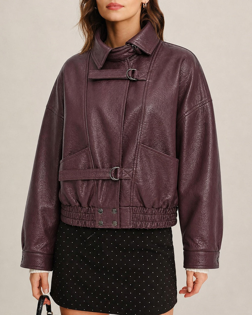 Wine Red PU Leather Pockets Jacket
