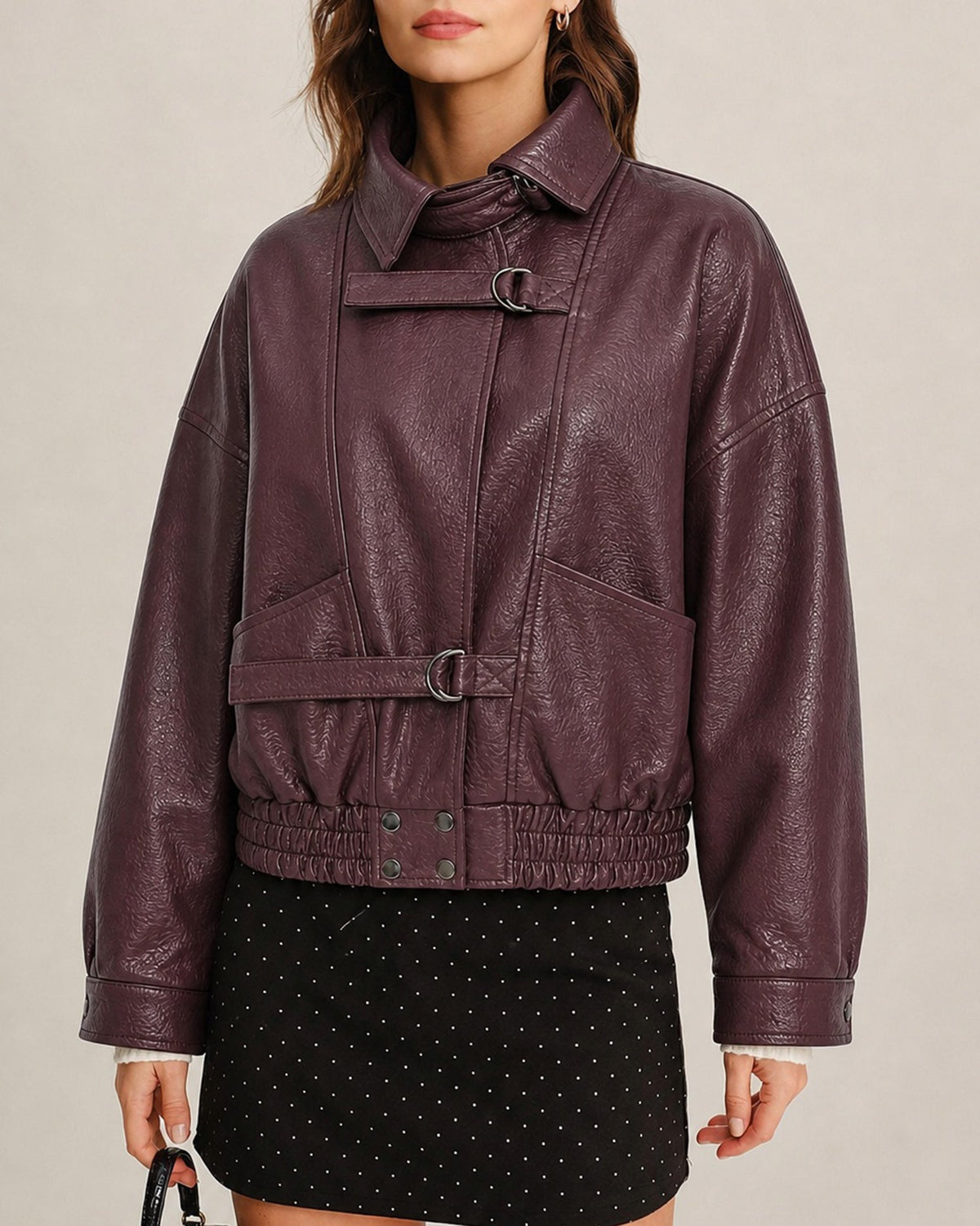 Wine Red PU Leather Pockets Jacket