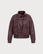 Wine Red PU Leather Pockets Jacket