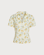 Yellow Collar Puffed Sleeve Floral Blouse