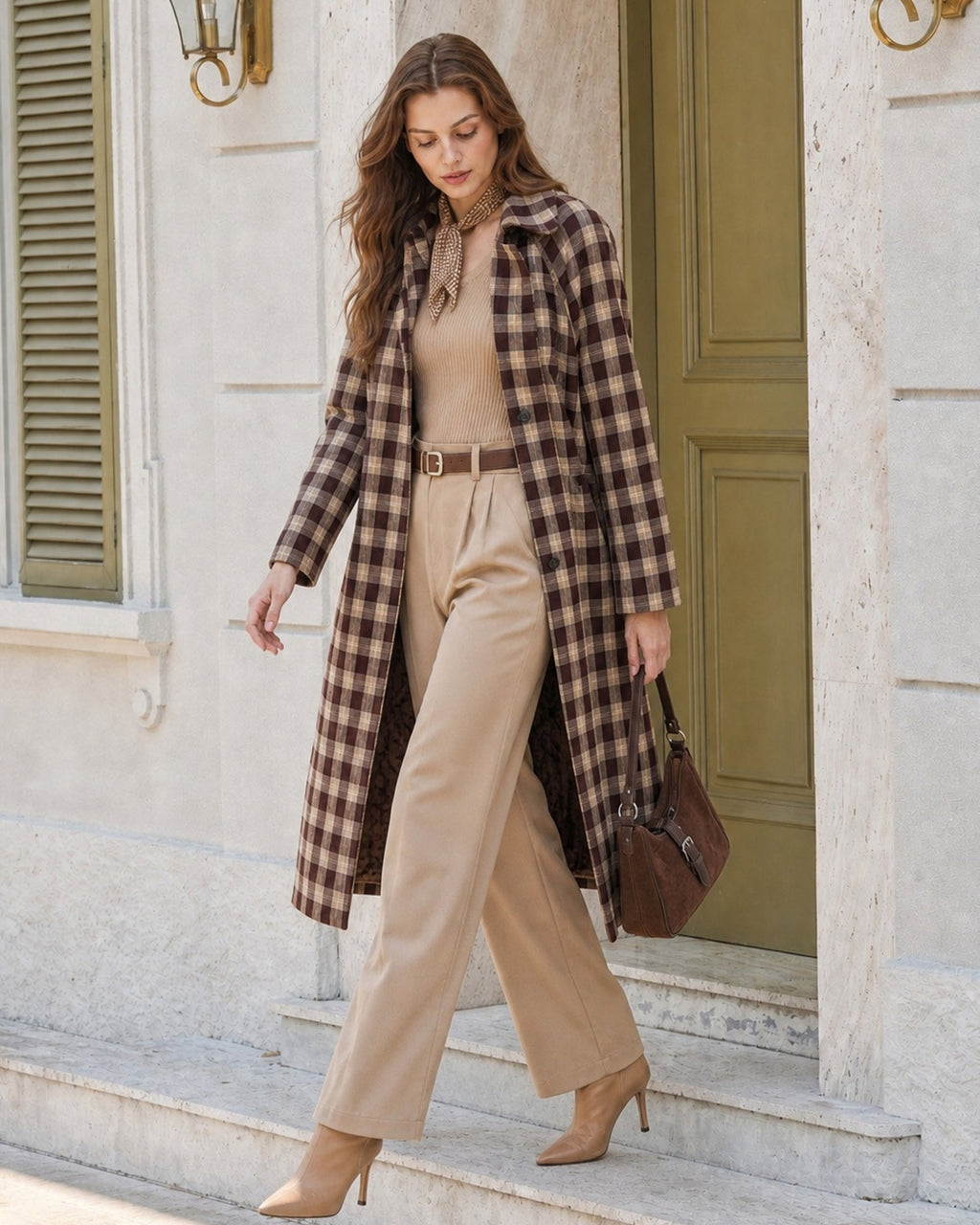 Brown Plaid Pocket Long Coat