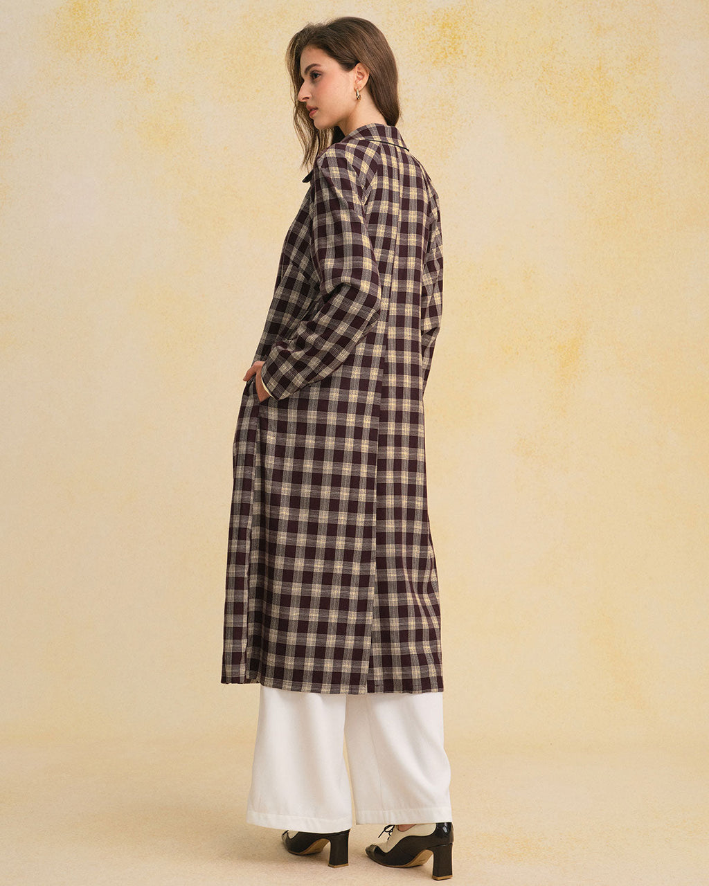 Brown Plaid Pocket Long Coat