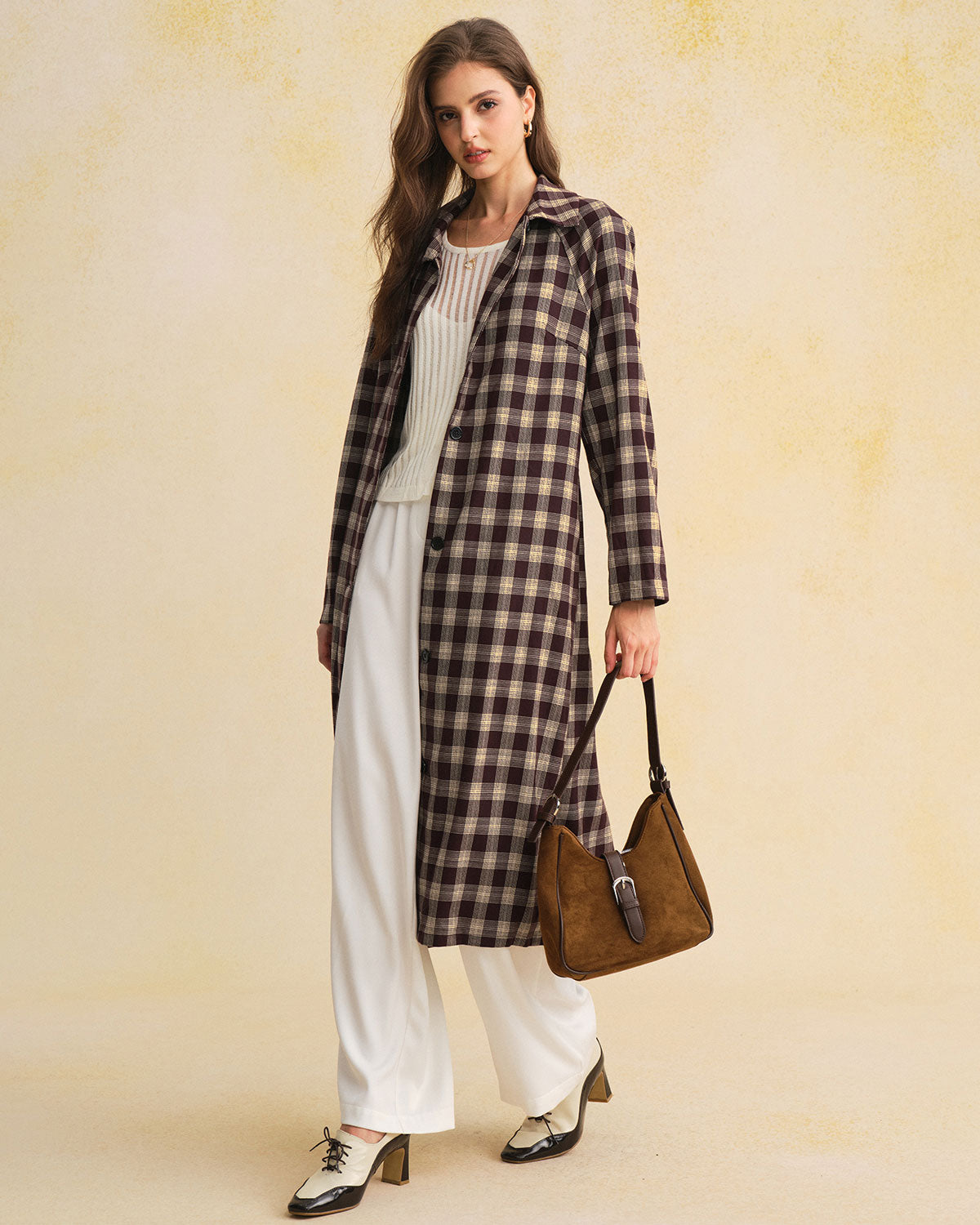 Brown Plaid Pocket Long Coat