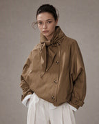 Brown Batwing Sleeve Pockets Button Jacket