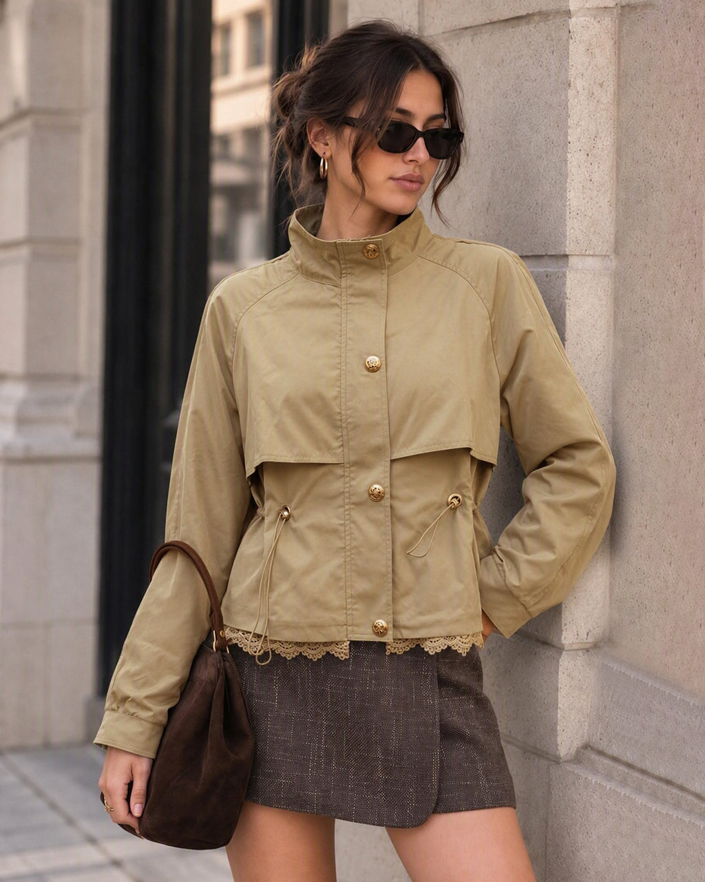 Khaki Splicing Zipper Button Jacket