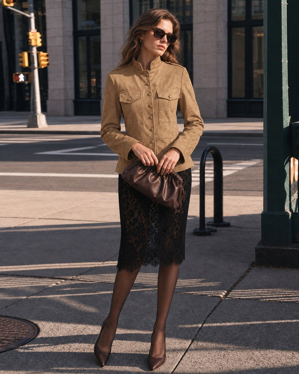 Khaki Pockets Single Breasted Jacket