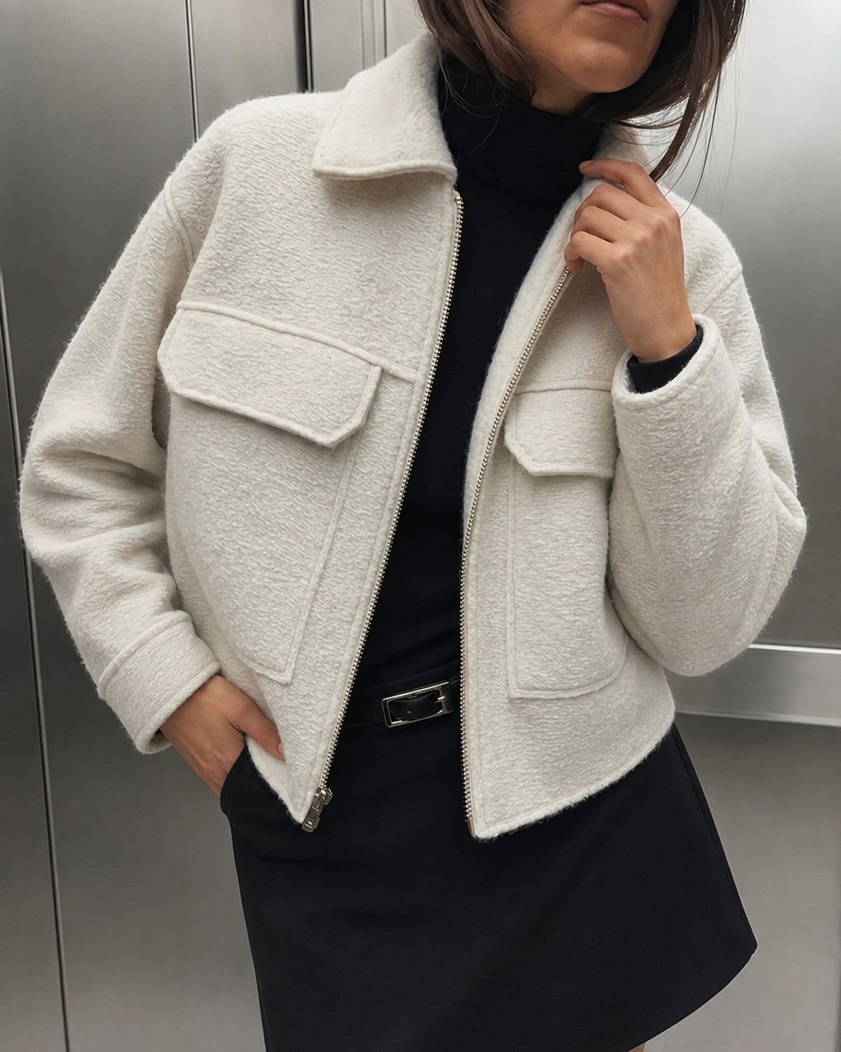Off White Solid Zipper Pockets Jacket