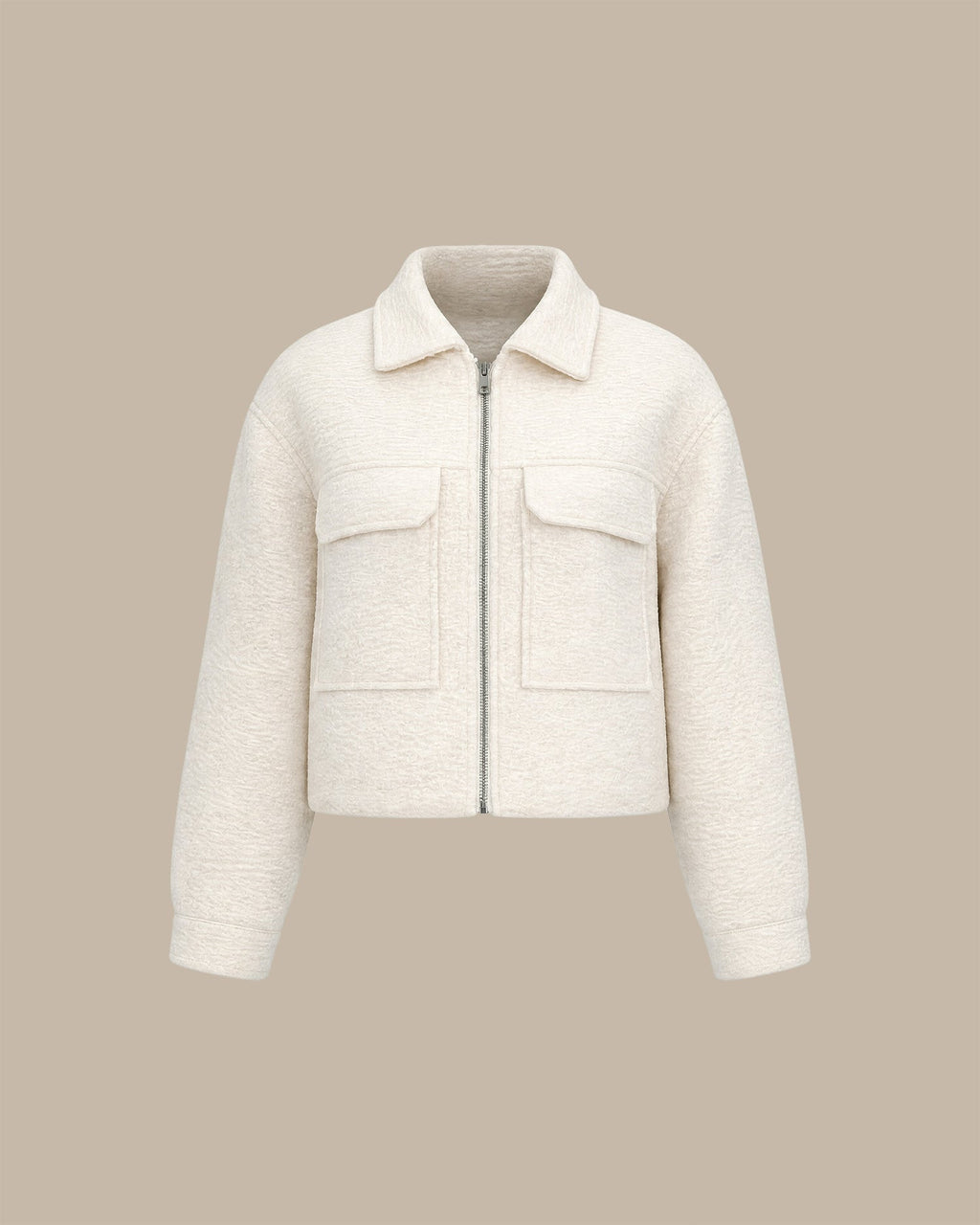 Off White Solid Zipper Pockets Jacket