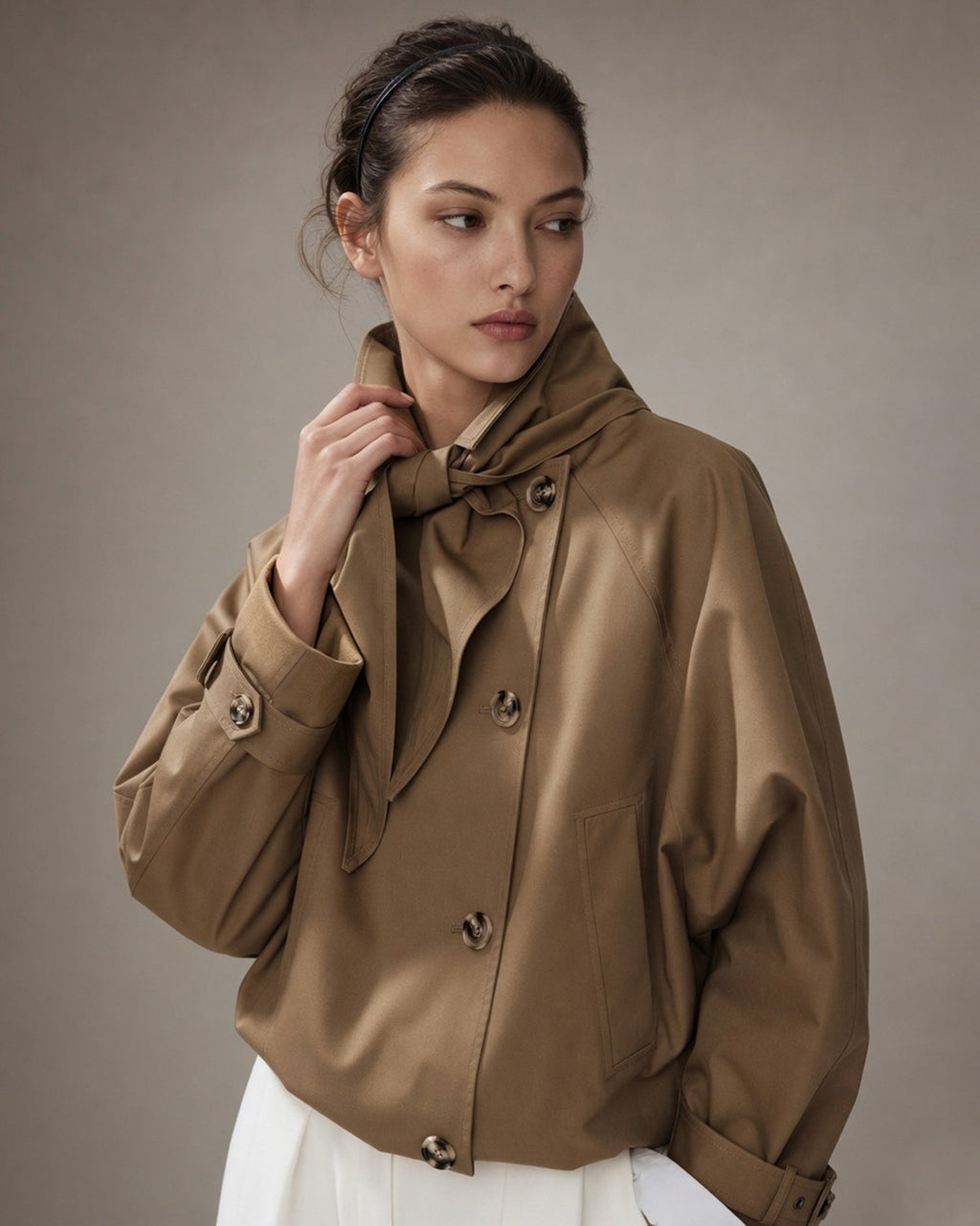 Brown Batwing Sleeve Pockets Button Jacket
