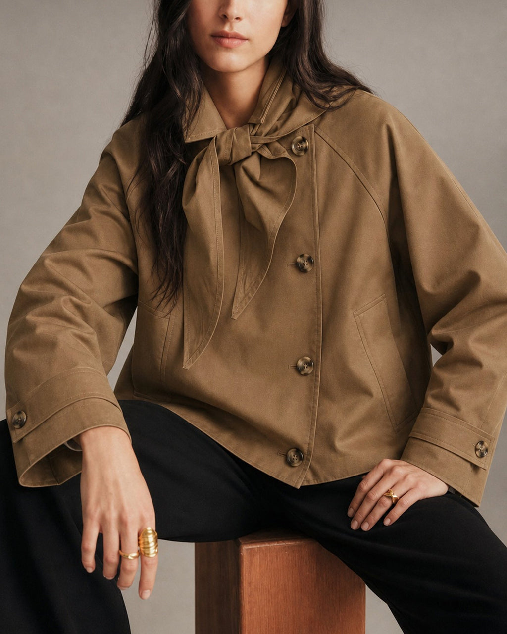 Brown Batwing Sleeve Pockets Button Jacket