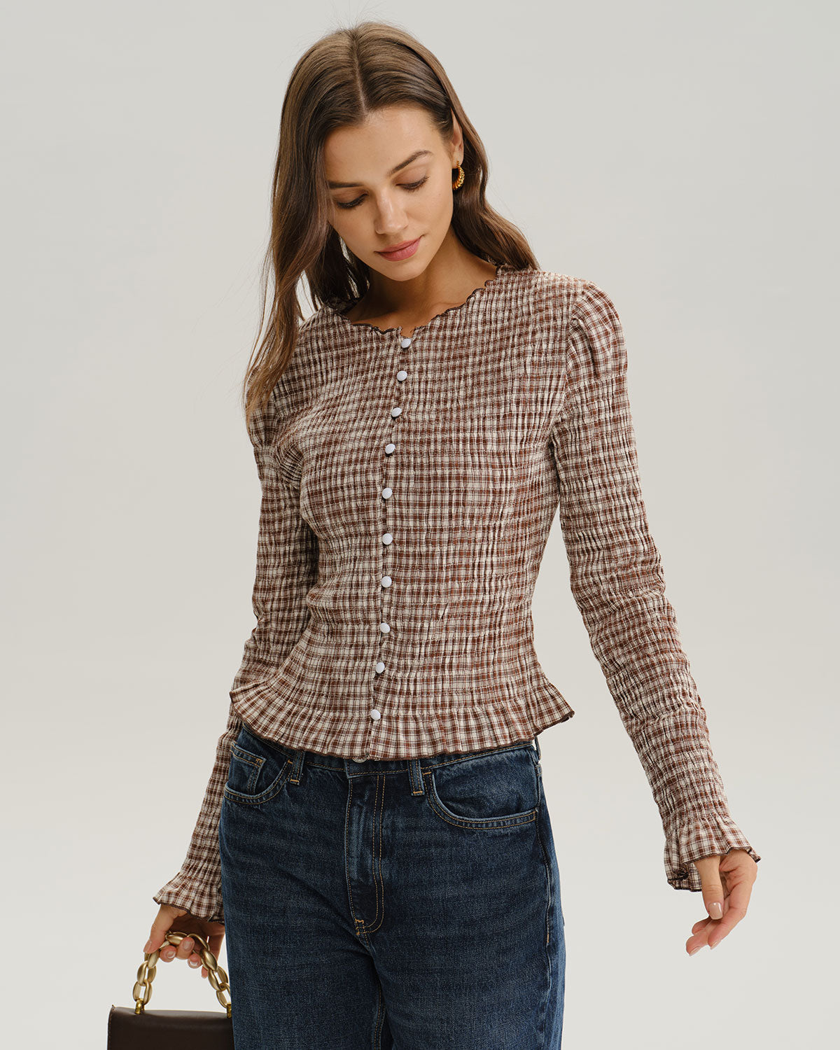 Brown Plaid Shirred Poet Sleeve Blouse