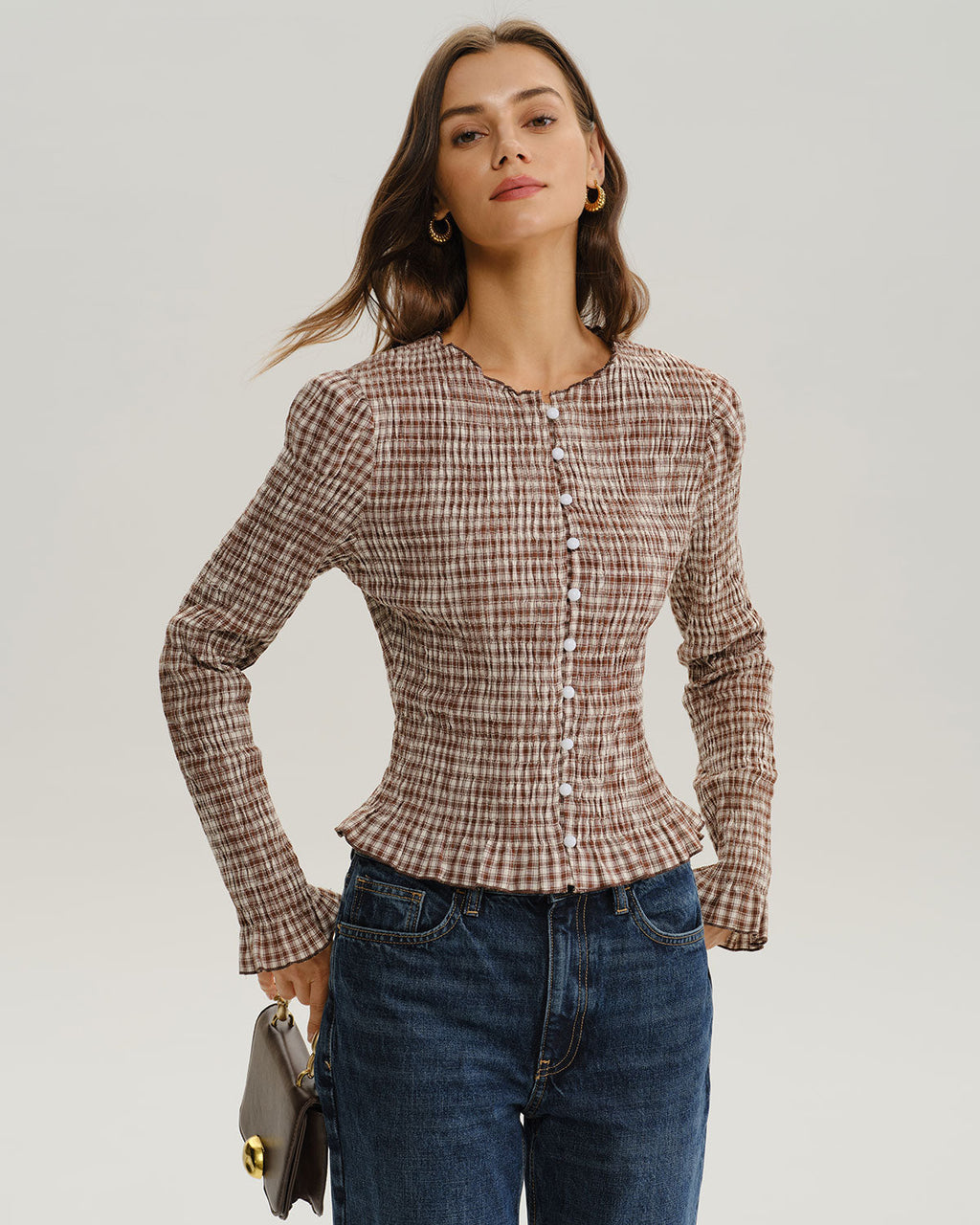 Brown Plaid Shirred Poet Sleeve Blouse