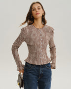 Brown Plaid Shirred Poet Sleeve Blouse