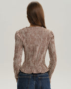 Brown Plaid Shirred Poet Sleeve Blouse